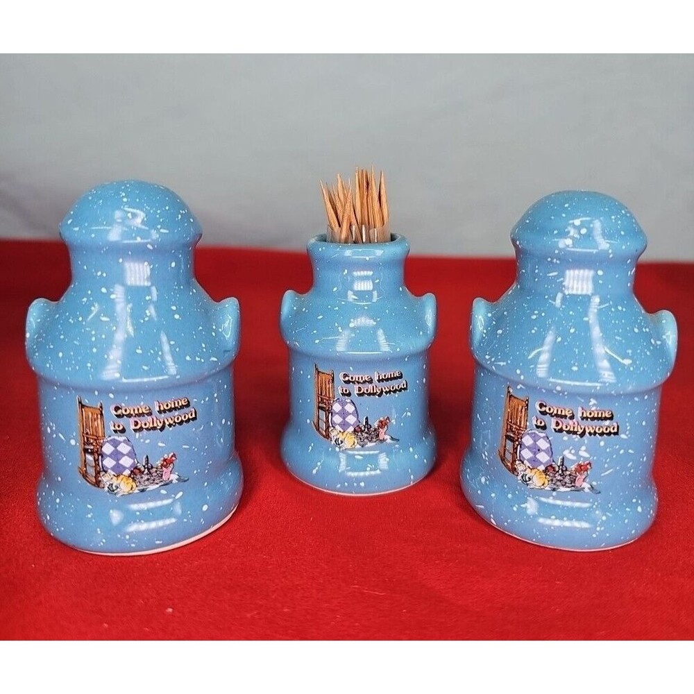 Dollywood Salt & Pepper Milk Jugs Set of 3 Souvenir VTG Toothpicks Holder Taiwan